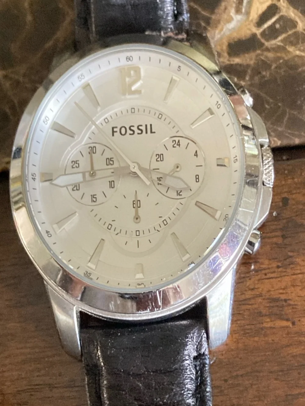 Fossil FS-4647 Chronograph Men's Watch Stainless Steel Cream Dial Leather Strap
